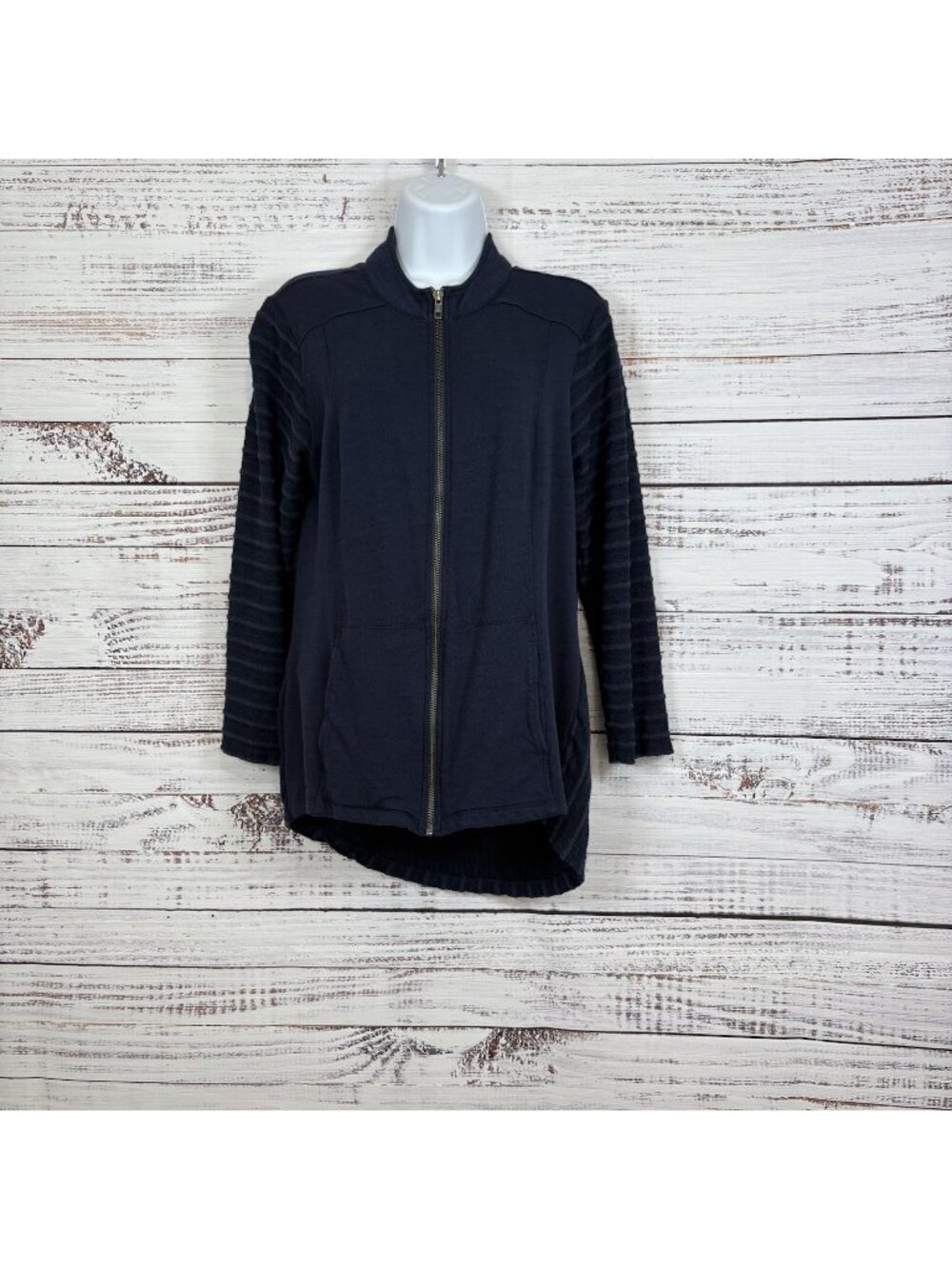 Market & Spruce Blue Zipper Long Striped Sleeves Jacket